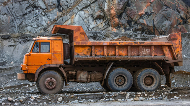 An orange dump truck is parked on a rocky, dirt road against a backdrop of a large grey rock face. The truck is rusty and worn, but appears to be ready for work - Powered by Adobe