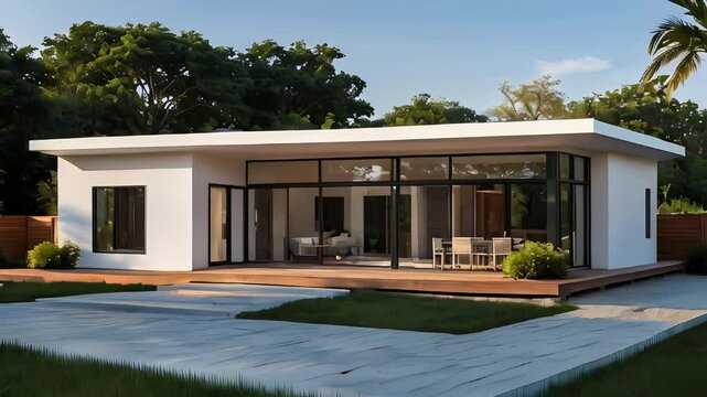Modern white house with large windows, wooden deck, surrounded by lush greenery. Flat roof, minimalist design, painted white with black windows/deck. Spacious interior visible through windows