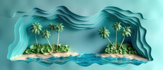 A small paper-cut island with palm trees, surrounded by a turquoise paper-cut sea with waves gently lapping the shore. 