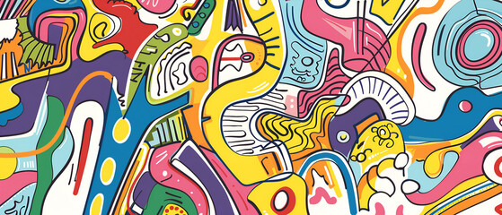 Colorful Abstract Doodle Art with Geometric Patterns and Curved Lines