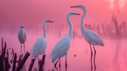 Naklejka premium Group of white egrets stand on the sunset. 