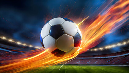 Naklejka premium soccer ball soaring with a fiery trail, capturing the energy and speed of the movement