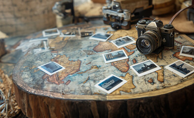 A vintage camera resting on an old map, surrounded by black and white Polaroid photos depicting famous landmarks like the Eiffel Tower and the Colosseum