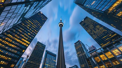 CN Tower and Skyscrapers in Toronto at Dusk