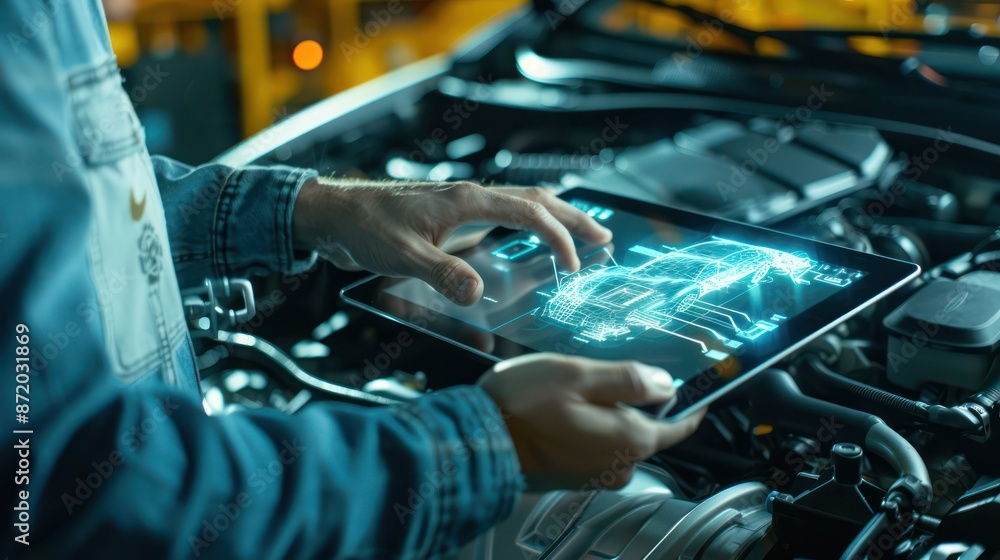 Poster car service manager uses a tablet computer with a futuristic augmented reality diagnostics software.