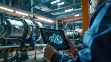 Obraz premium Factory Office Facility: Chief Engineer Developer Holds Tablet Computer, examines Augmented Reality Model of an Electric Generator. Modern Industry 4.0 Research and Development Center.