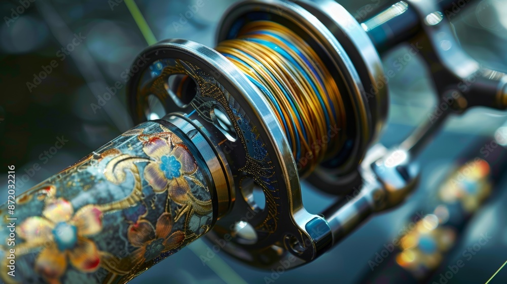 Poster a macro shot of a spinning reels spool showcasing its precision and smooth movement is framed by the