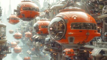 Fototapeta premium Depict a scene of a flying taxi fleet operating as part of a sustainable urban transportation network, reducing emissions and