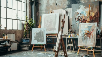 Stylish artist's studio interior with easels and canvases. Creative hobby. 