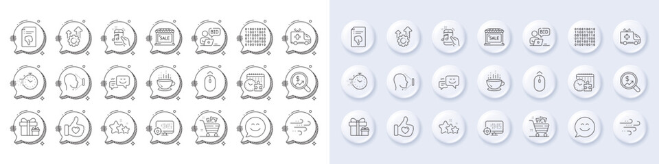 Smile chat, Online auction and Market sale line icons. White pin 3d buttons, chat bubbles icons. Pack of Seo, Coffee cup, Grocery basket icon. Happy emotion, Music phone, Binary code pictogram. Vector