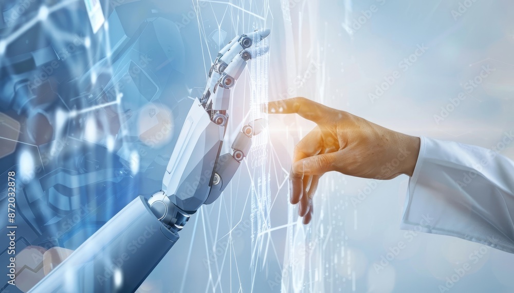 Poster futuristic technology concept robot and human hands touching on big data network background