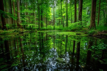 A tranquil scene of a forest surrounding a calm pond, with the lush greenery mirrored perfectly in the water's surface. The atmosphere is peaceful and inviting.