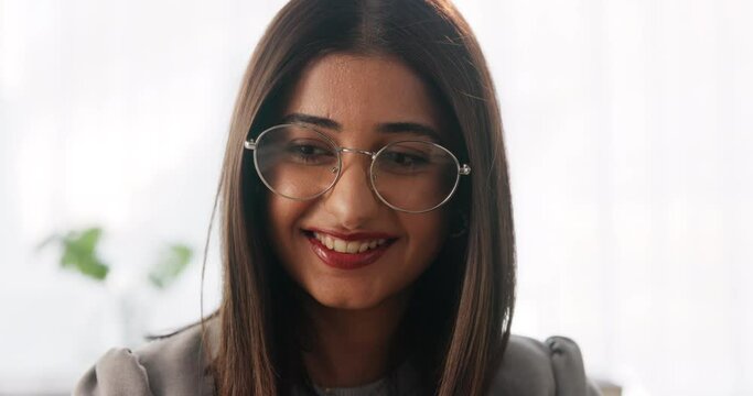 Smile, thinking and business woman planning future, decision and work solution for project in office. Vision, idea and happy professional with dream for inspiration, reflection and remember memory