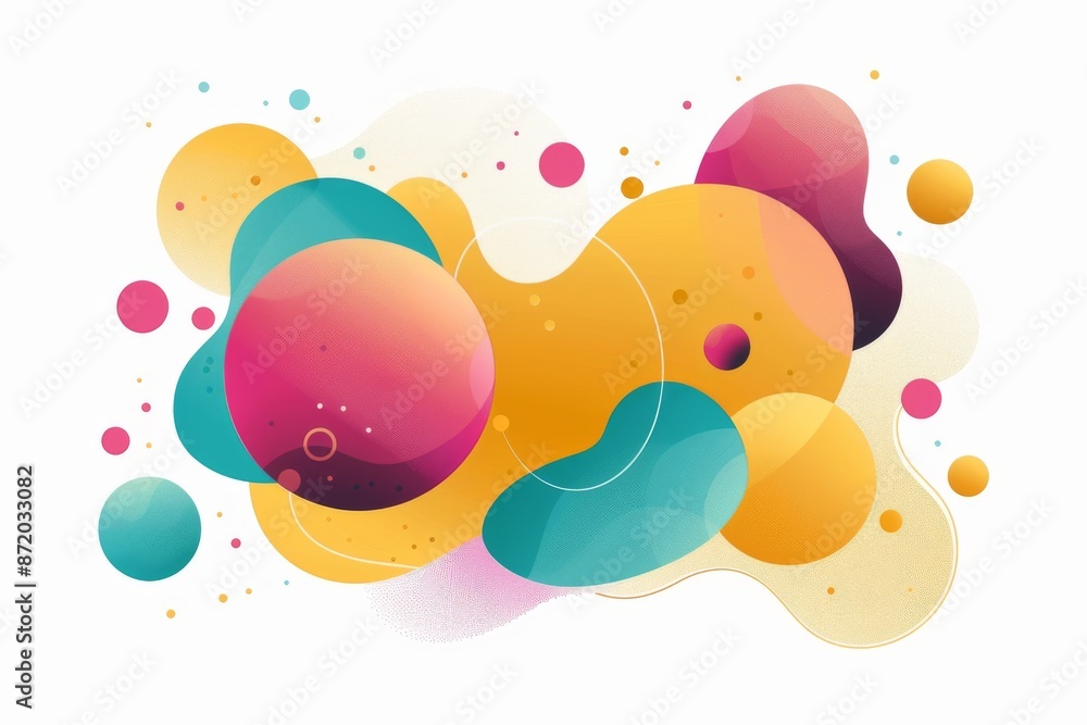 Poster colorful abstract spheres and shapes representing creativity and playfulness in a vibrant dynamic se