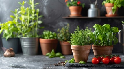 Assortment of fresh herbs and vegetables in pots