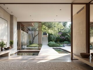 Fototapeta premium contemporary minimalist entryway sleek glass sliding doors framing lush outdoor view clean lines neutral tones abundant natural light