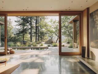 Obraz premium contemporary minimalist entryway sleek glass sliding doors framing lush outdoor view clean lines neutral tones abundant natural light