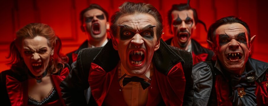Group of vampires in dramatic red lighting, eerie expressions, and detailed costumes, perfect for Halloween and horror themes. - Powered by Adobe