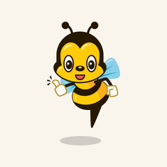 Cartoon cute bumble bee with thumb up. Flying bee giving thumb good vector illustration on isolated background.