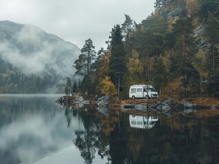 cozy scandinavian lakeside scene vintage camper van nestled among pine trees misty mountains reflected in calm waters