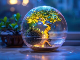 crystal terrarium containing miniature ecosystem glowing energy orb tiny solar panels bonsai tree macro photography