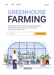 Greenhouse farming eco-friendly sustainable agriculture concept. People tending plants inside greenhouse with various potted plants and foliage. Website design minimalistic style