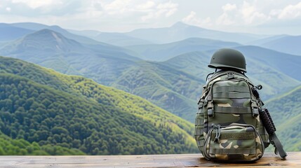 A green backpack and a white hard hat sit on a wooden table in front of rolling green hills