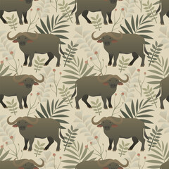 Buffalo seamless pattern design. Wildlife illustration. African background. Repeating vector print of exotic horned wild animal with green leaves.