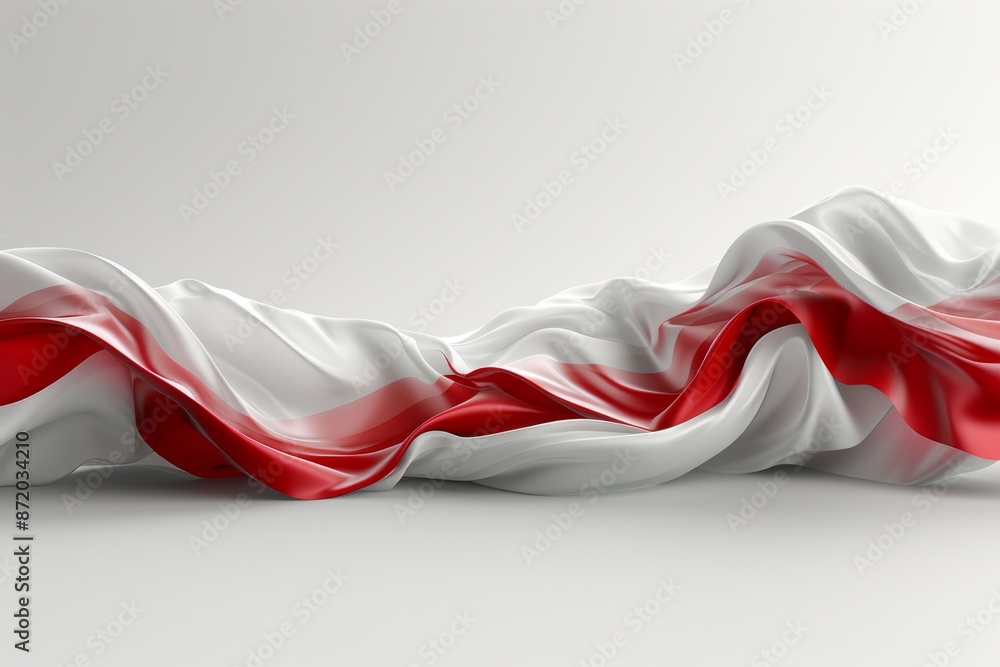 Poster flowing red and white fabric waves representing creativity and energy in a dynamic artistic setting