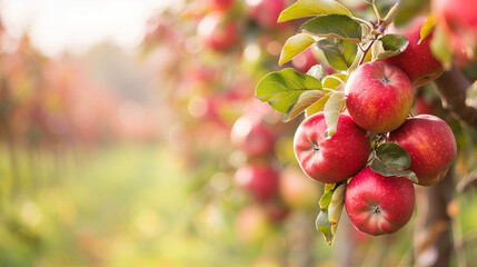 copy space, stockphoto, view on an orchard with red apples. Healthy food concept. Fruit with vitamines and antioxidants. Tasty fresh apples hanging on a tree in a apple orchard.
