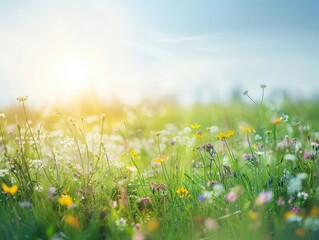 Fototapeta premium dreamy spring meadow with soft focus wildflowers in foreground hazy sunlight creates a golden glow transitioning from lush grass to clear blue sky