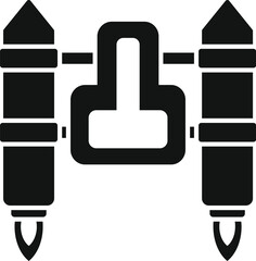 Simple black and white icon of a space rocket with booster accelerating in space