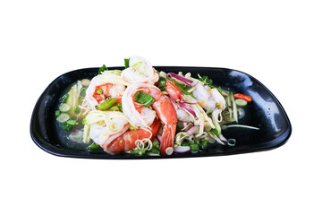 Fresh Shrimp Salad on black plate isolated on cut out PNG or transparent background. Fresh Vegetables, herbs, cooked shrimps prawns and seafood spicy chili sauce coriander, cooking shrimp lemon lime.