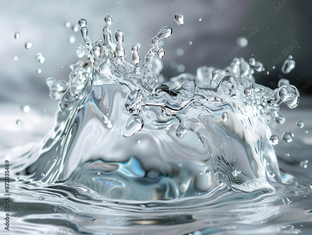 Poster dynamic splash of crystalline water frozen in time droplets and waves create abstract sculptural forms showcasing the beauty and power of this essential element