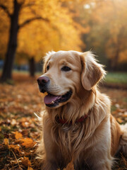 Vibrant autumn background with a happy golden retriever dog.