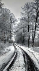 Obraz premium Professional monochrome photo of row of trees and road in the snow in winter. Graphic black and white poster depicting a wild winter landscape. A photo shoot for interior painting.