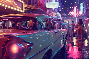 Retro-Inspired Street Scene with Classic Cars and Neon Lights in Vibrant Nightlife Setting