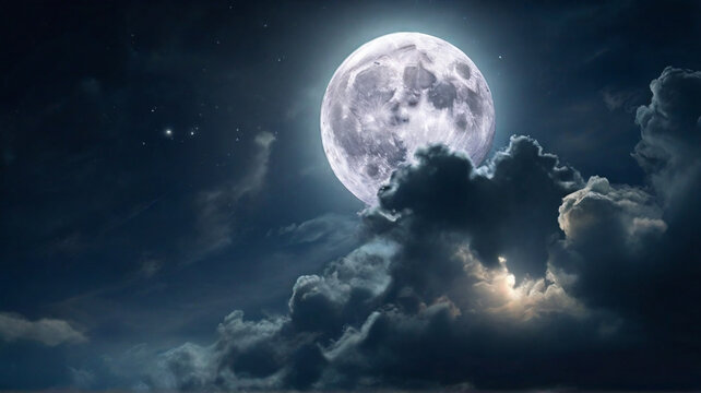 Majestic full moon on the dark blue sky creating a magical and ethereal atmosphere.