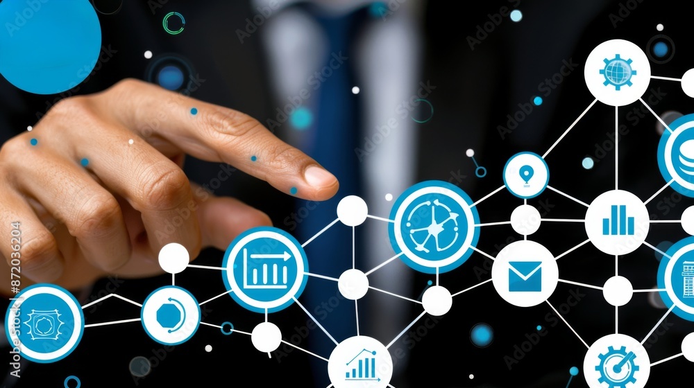 Poster digital innovation hub depict a businessman interacting with a virtual screen displaying business da