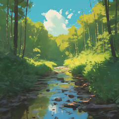 woods stream blue sky acrylic painting trending on pixiv fan box palette knife and brush strokes