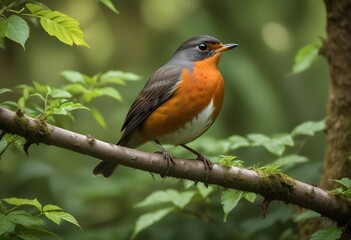 Fototapeta premium A vibrant American Robin, its russet-colored breast and gray back standing out against the verdant foliage of the dense rainforest, is perched on a branch, its sweet calls echoing through the natural 