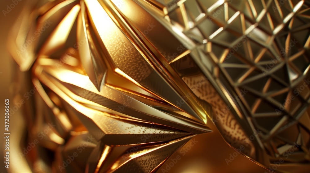 Poster an upclose shot of a uniquely designed helmet with a geometric pattern and a shiny gold finish exudi