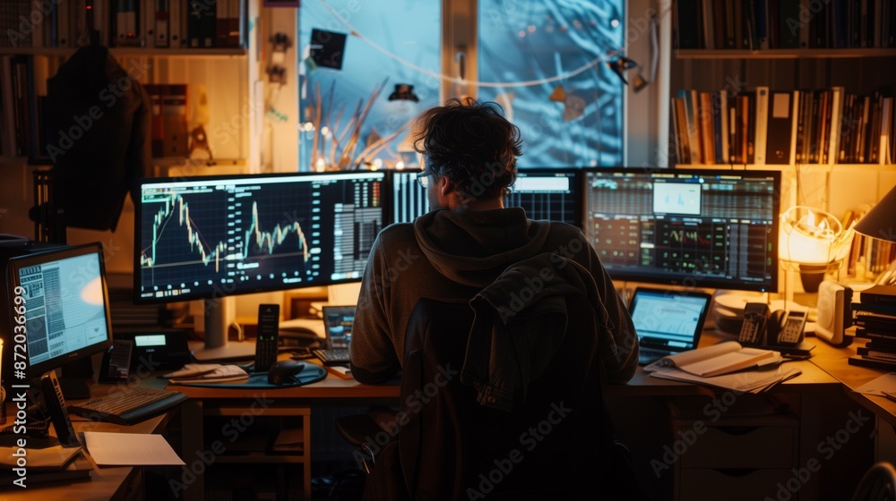 Poster a person sits at their desk in a dimly lit room, working late at night. they have multiple monitors 