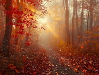 Fototapeta premium enchanted autumn forest path golden sunlight filtering through red and orange maple leaves misty atmosphere fallen leaves carpeting the ground