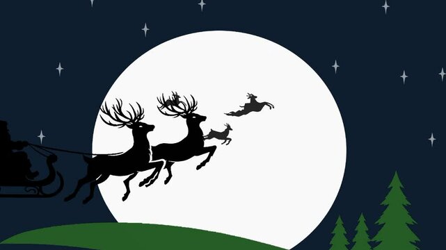 Animation of silhouette of santa claus in sleigh being pulled by reindeer with snow falling and full moon in winter scenery. christmas festivity celebration concept digitally generated image