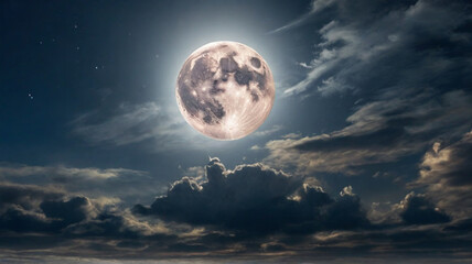 Obraz premium Majestic full moon on the dark blue sky creating a magical and ethereal atmosphere.