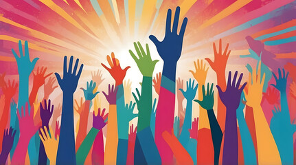Group of people raising their hands in the air. Colorful Illustration. Human rights. DEIB, Diversity, Equity, Inclusion, Belonging.