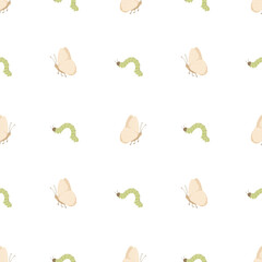 Caterpillar and butterfly seamless pattern. Simple flat design with insects. Cartoon vector pattern with bugs. Hand drawn illustration for print design. 