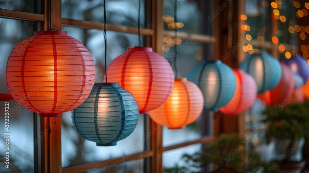 Aufkleber hang a cluster of festive paper lanterns in varying sizes and colors from the ceiling to create a pl