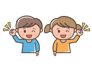 ガッツポーズでウインクをする男の子と女の子の上半身イラスト（小学生、幼児、子供）